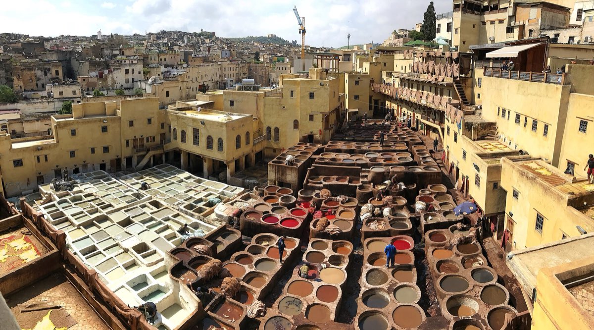 Stone vats of colourful dye at the Chouara tannery