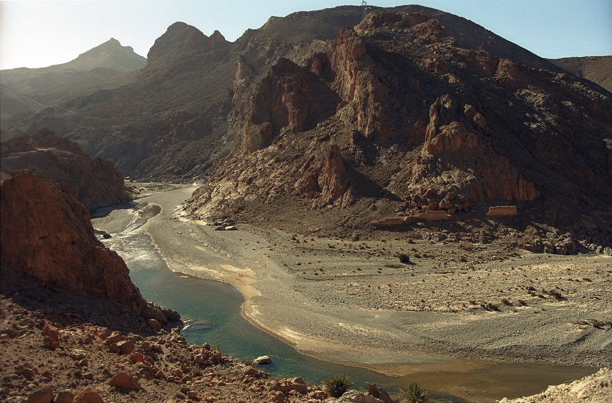 The Ziz river winding through a rocky canyon